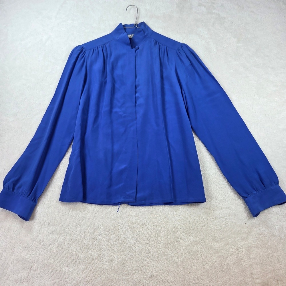 Chaus Vintage Royal Blue 100% Silk Mandarin Collar Blouse Womens 10 Long Sleeve
